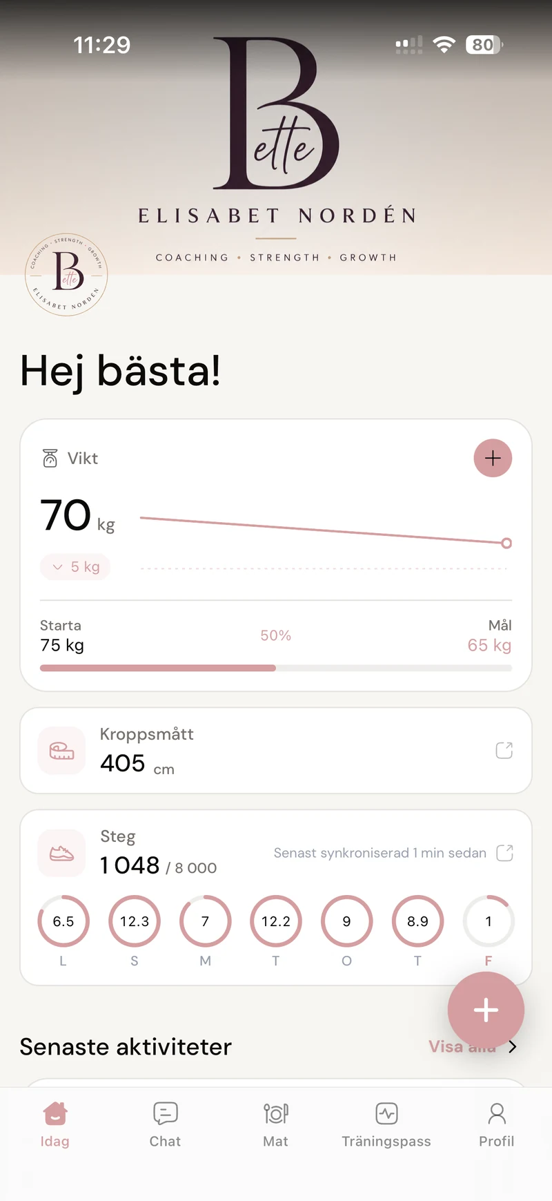 Appens startskärm med Bettes logotyp, hälsningen Hej bästa och korten Vikt, Kroppsmått och Steg